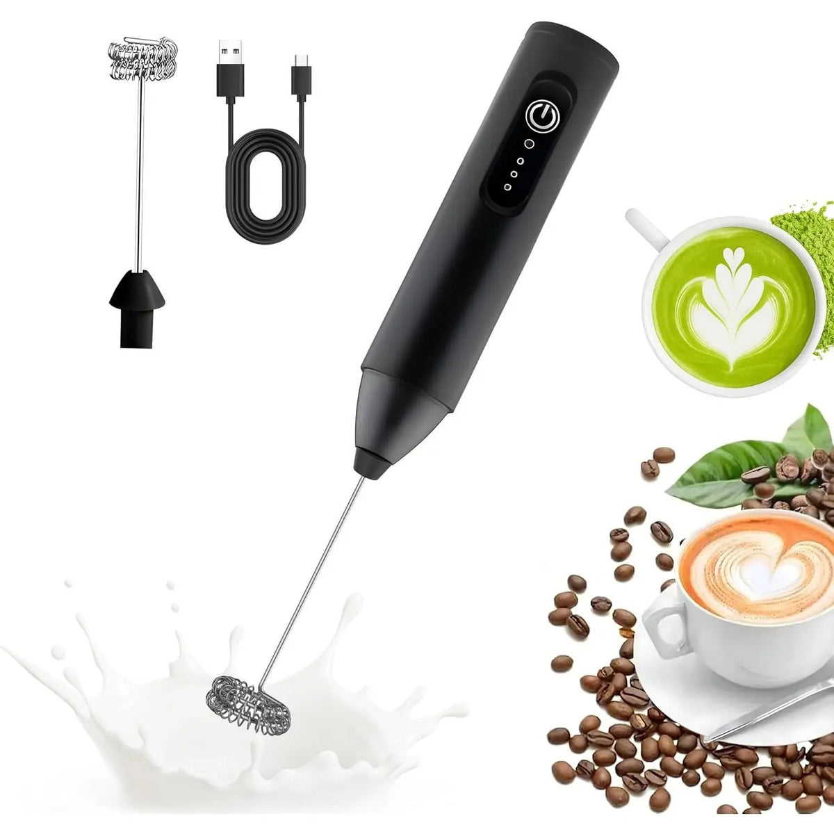 Electric milk frother with whisk head, USB cable, matcha and latte art