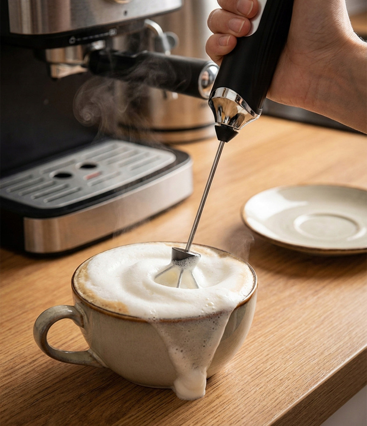 Frothing latte milk in front of an espresso machine
