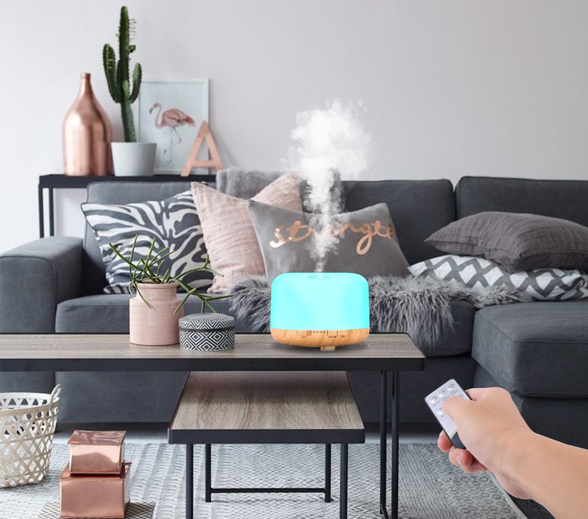 Diffuser misting on a living room coffee table