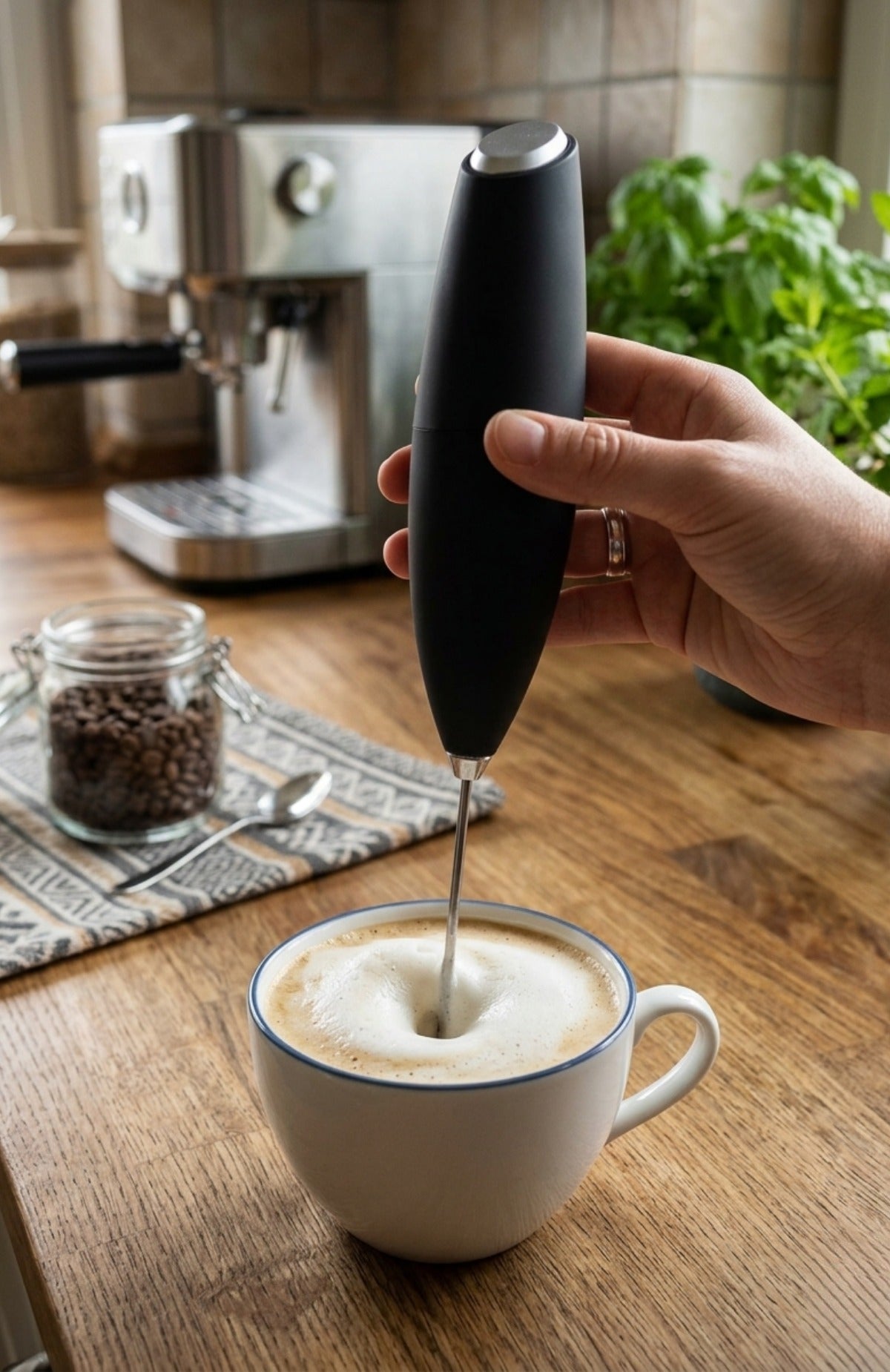 Frothing a cappuccino by hand in a kitchen