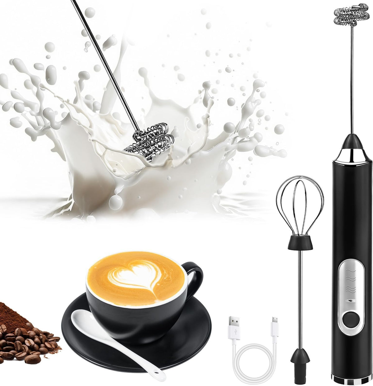 Close-up of stainless whisk head spinning in milk