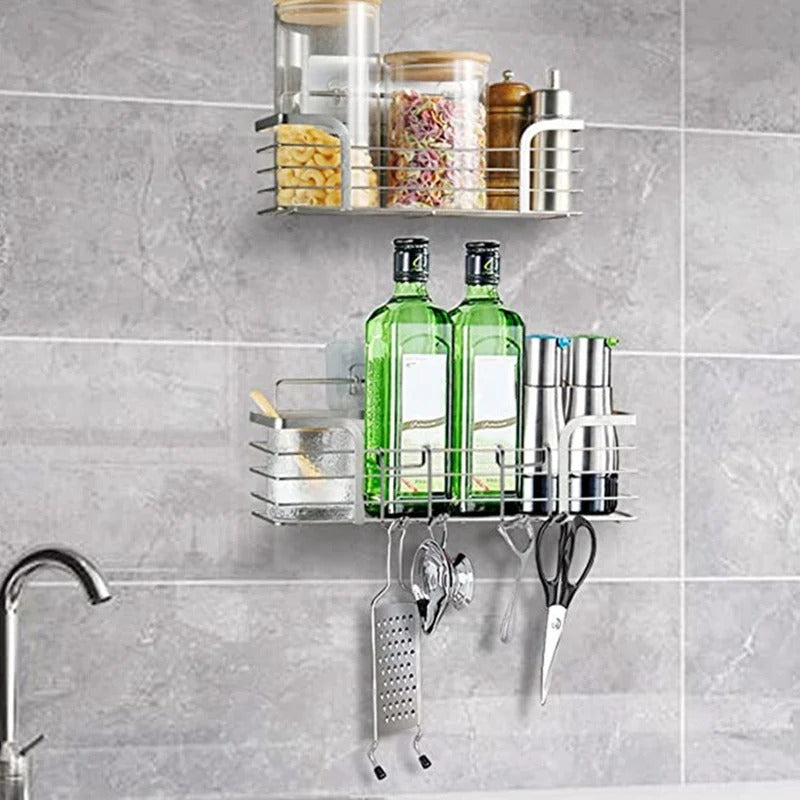 Caddy shelf with hooks in use